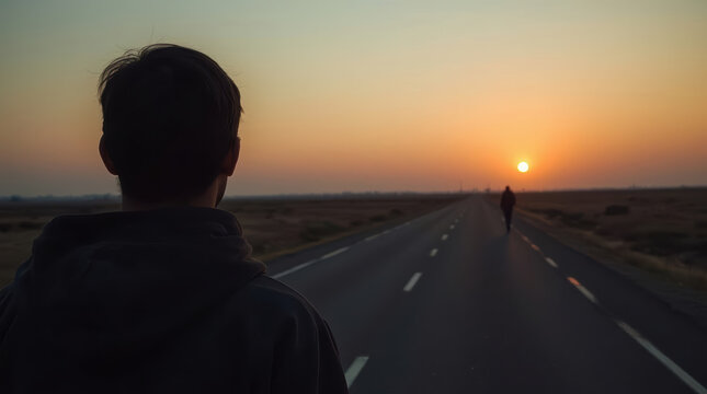 Person road sunset silhouette distance