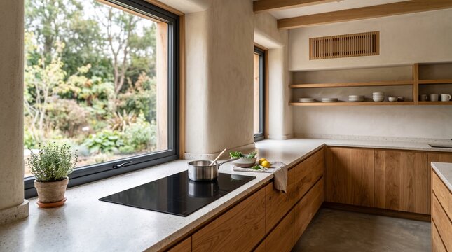 Modern Energy Retrofit kitchen interior design featuring sustainable materials, efficient induction cooktop, and large window overlooking a lush garden