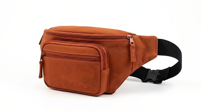 Orange textile waist bag or fanny pack with black adjustable belt and zipper pockets for travel and outdoor activities