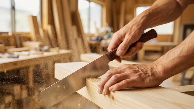 Close-up of a carpenter using a handsaw to cut wooden timber with flying sawdust in a workshop
