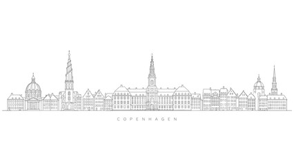 Fototapeta premium Copenhagen Denmark skyline landmarks panorama line art vector illustration