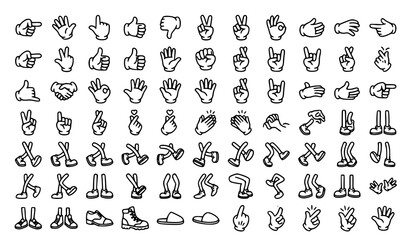Fototapeta premium Hand and Foot Gesture Line Icon Set with Thumbs Down, Peace Sign, Pointing, Fist and Walking Feet Symbols for Design