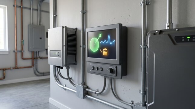 Energy Retrofit system with modern monitoring screen and electrical equipment installed on a utility wall