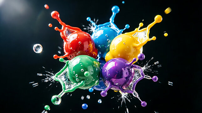 Vibrant paint splashes in dynamic motion against dark studio background