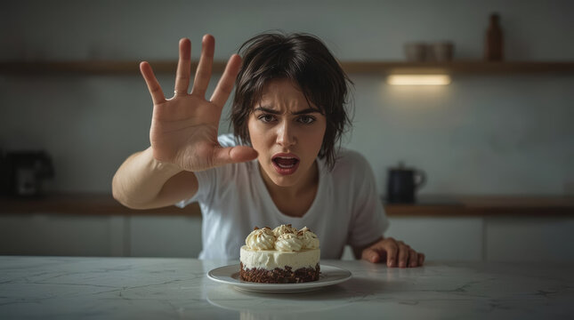 Woman resisting temptation with raised hand beside chocolate cake in kitchen