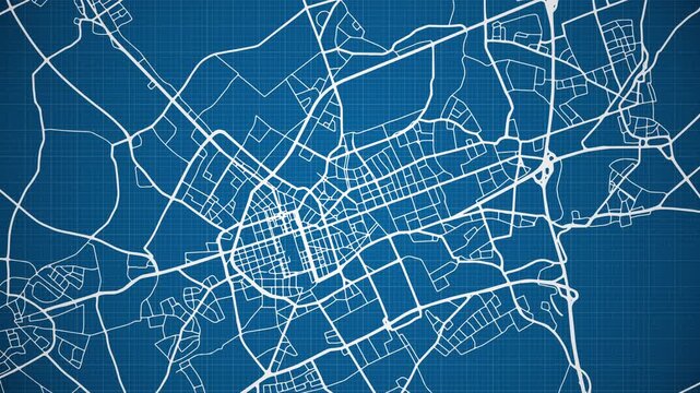nk reveal animation of Krefeld (Krie&euml;vel) city, state of North Rhine-Westphalia, Germany, grid map. Aerial top view. Blueprint style. White lines with blue background. 4K Seamless loop.
