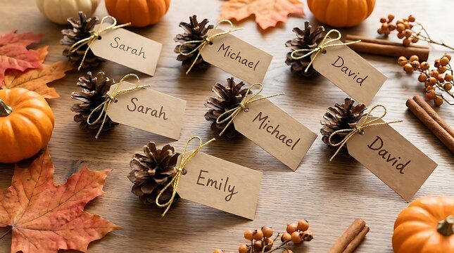 Autumn table place cards with pinecones and leaves.