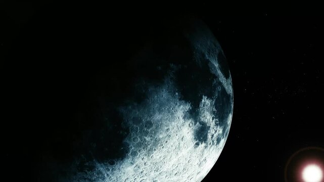 Crescent moon in dark space with stars and a glowing light, showing a close view of the rocky surface against a black sky.