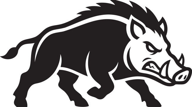 Wild boar charging isolated on transparent background, aggressive warthog vector logo silhouette