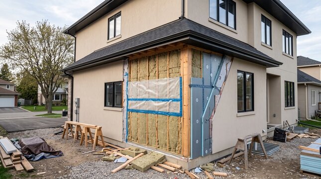 Energy Retrofit of a residential house wall showing insulation materials and construction work