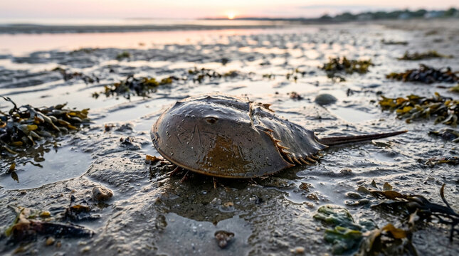 Horseshoe Crab Resting on Sandy Beach at Sunset during Low Tide for Marine Wildlife and Ecology Concept Photography