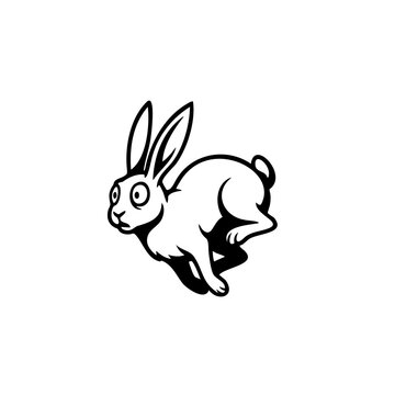 Rabbit vector illustration isolated on transparent background, frightened jumping hare in black and white graphic style