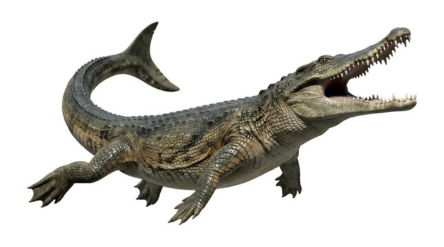 Ancient prehistoric marine crocodile swimming with powerful jaws wide open and sharp teeth isolated on white background
