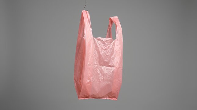 Pink plastic carrier bag hanging against gray.
