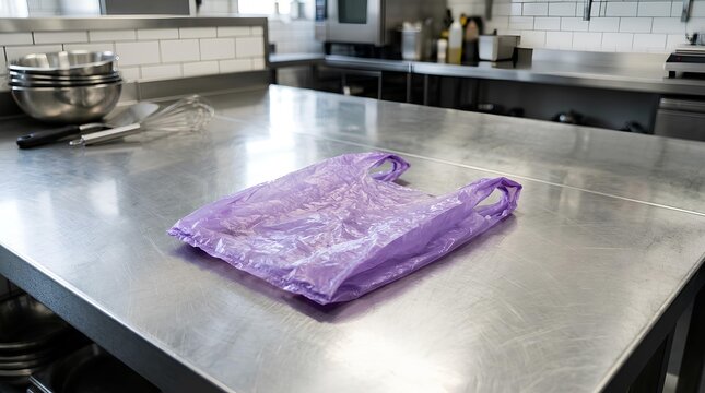 Purple plastic bag on stainless steel kitchen counter.