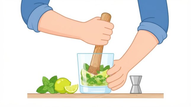 Bartender hands muddling fresh mint and lime in a glass for a cocktail