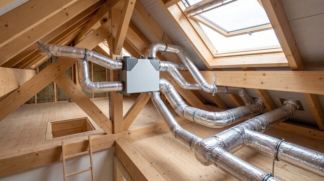 Energy Retrofit ventilation system with heat recovery installed in a wooden attic roof structure