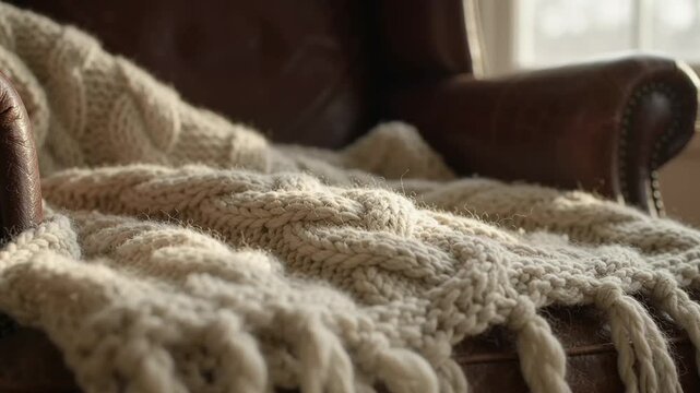 Close-up video footage of a beige cable knit blanket draped over a brown leather armchair inside a modern living room setting for interior design and home decor video projects.