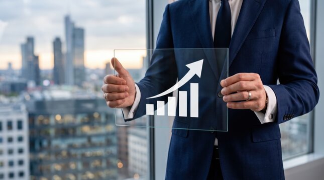 Businessman holding transparent glass tablet showing upward growth chart arrow, financial success, positive market trend, investment strategy, corporate profit increase concept.