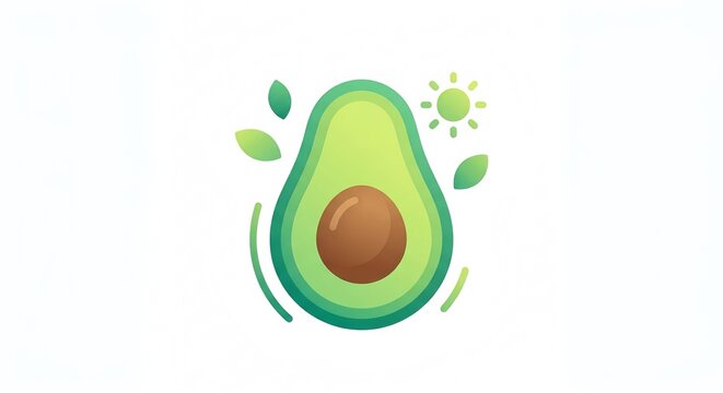 Fresh half avocado vector illustration with leaves and sun icon