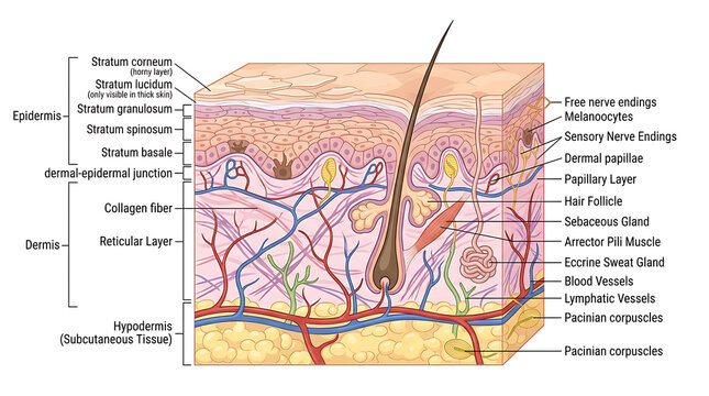 Detailed anatomical cross-section diagram of human skin showing epidermis, dermis, and hypodermis layers with biological structures