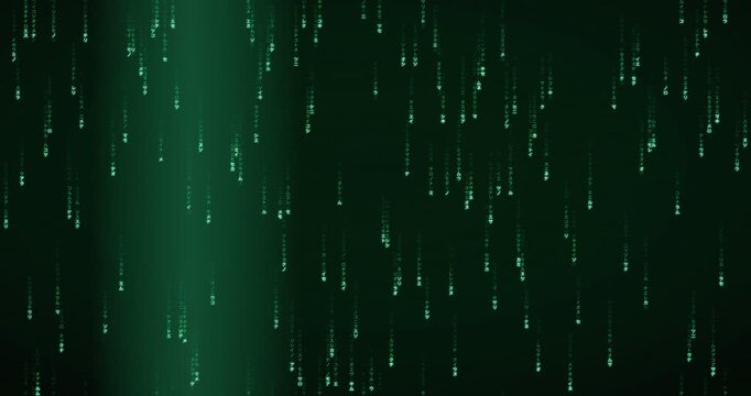 Japanese katakana characters fall slowly in a 4K animated matrix rain background with a radiant phosphor green glow.