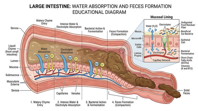 Educational medical diagram showing the biological process of water absorption and feces formation in the human colon