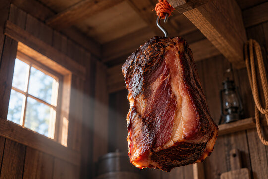 Smoked meat hanging in barn with rustic ambiance, warm lighting
