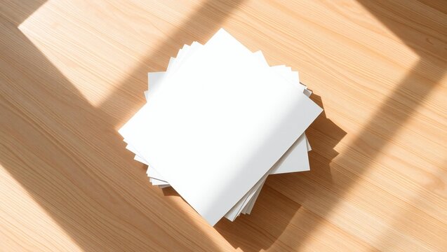 Stack of blank white square paper sheets on a wooden desk with soft sunlight shadows