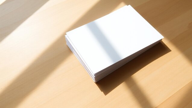 Stack of blank white paper sheets on a wooden desk with soft sunlight shadows