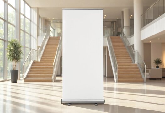 Blank white roll up banner mockup standing in a modern business lobby beside stairs, providing clean copy space for advertising, branding, promotion, or messaging.