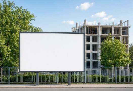 Large blank billboard beside a gray construction fence and unfinished building, surrounded by green trees under blue sky, offering ample copy space for advertising.