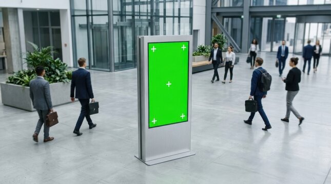 Digital Signage Mockup with Green Screen Display Standing in Busy Modern Corporate Office Lobby with Business Professionals Walking Past Background