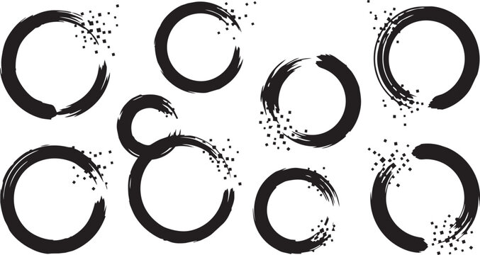 Eight black ink brush stroke circles with pixelated disintegration and scattered dot effects on a white background for