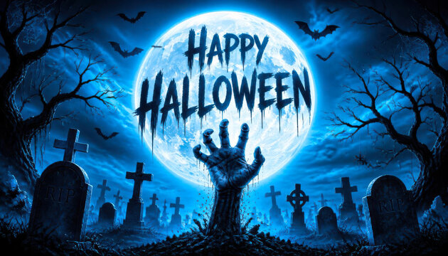A chilling Halloween scene features a zombified hand emerging from a moonlit graveyard filled with tombstones under a bright blue full moon and soaring bats