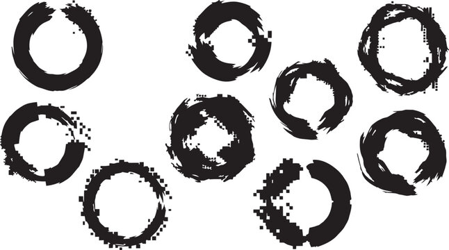Eight black ink brush stroke circles with pixelated disintegration effects arranged in a group on a white background for