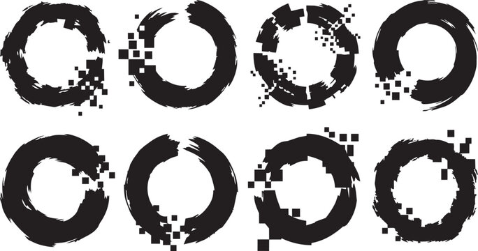 Eight black ink brush stroke circles with pixelated disintegration and scattered square particles on a white background, for use