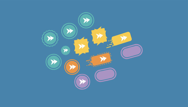 Collection of creative colorful fast forward double arrow buttons inside various geometric shapes over blue backdrop.