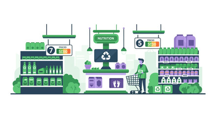 Obraz premium Sustainable Nutrition Grocery Store Flat Vector Illustration