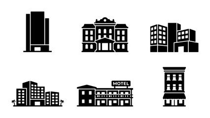 Fototapeta premium Building icons set, black real estate vector silhouettes, urban hotel motel glyphs