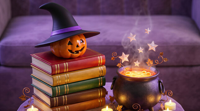 Cute 3D Halloween scene featuring a carved pumpkin wearing a witch hat on a stack of old books beside a magic cauldron