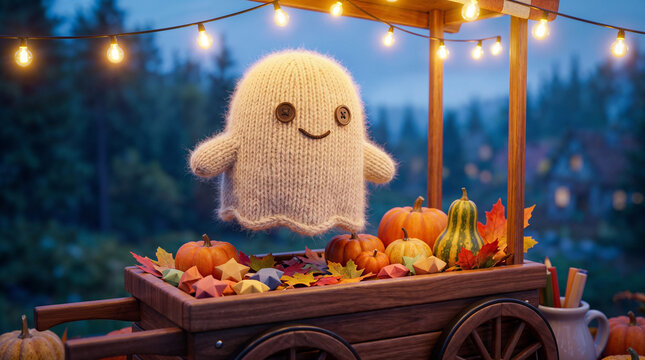 Cute knitted ghost character with button eyes and smile floating over a rustic wooden autumn harvest market cart