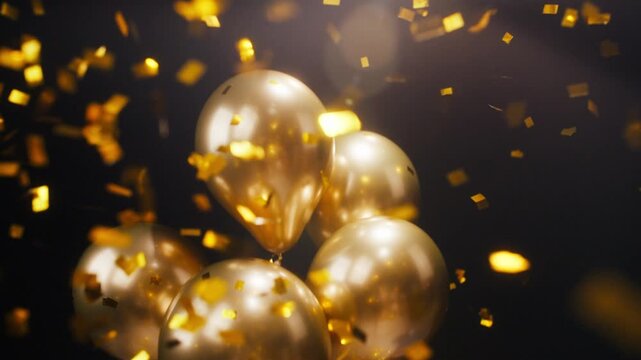 Golden balloons with sparkling confetti at night