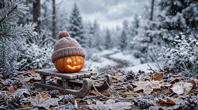 A glowing carved Halloween jack o lantern wearing a knit winter hat sitting on a wooden sleigh in snowy forest