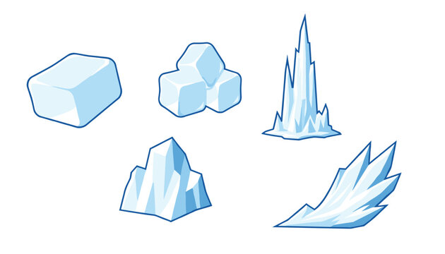 Set of various clear ice elements including ice cubes, an iceberg, sharp icicles, and frosty crystal formations on white.