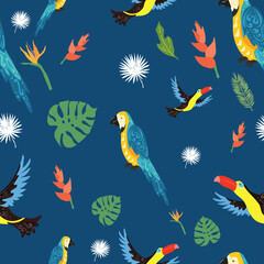 Fototapeta premium Tropical Birds and Plants Seamless Pattern Background