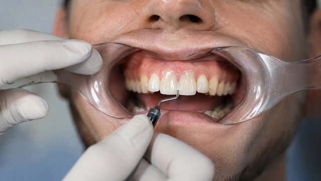 Dentist examines a patient&rsquo;s teeth during an oral checkup. Gloved hands hold a mirror and dental tool inside an open mouth. Close-up healthcare concept for dentistry education.