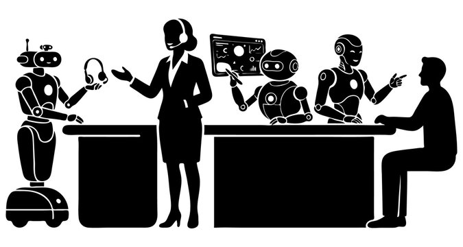 AI customer support and business automation concept with professional and robot assistants silhouette vector