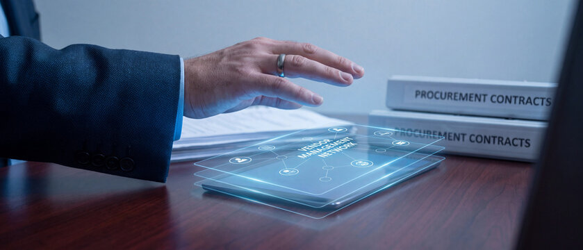 Vendor management network procurement platform, executive interacting with holographic vendor network diagram above desk with procurement contract binders, supplier sourcing, contract management