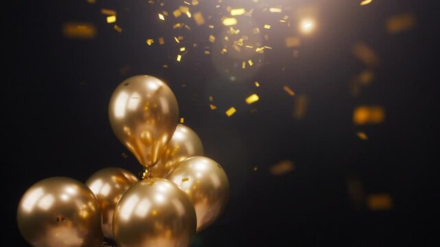 Golden balloons with sparkling confetti at night